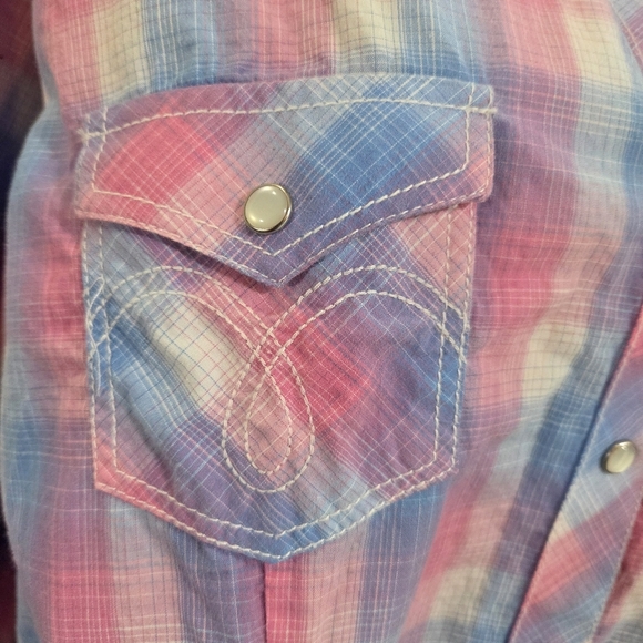 Rough Stock Women's Pink And Blue Plaid Shirt With Pearl Snap Buttons Size L - Picture 4 of 10
